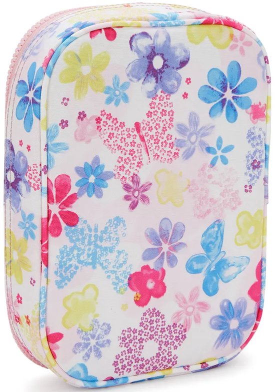 Wit etui met een print van kleurrijke bloemen en vlinders. Roze bies en naden.