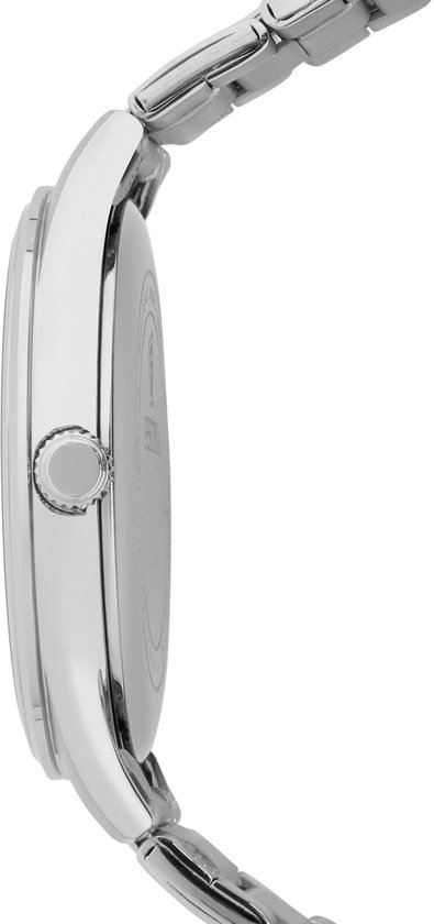 Zijprofiel van een zilverkleurige herenhorloge met groene wijzerplaat en metalen band.
