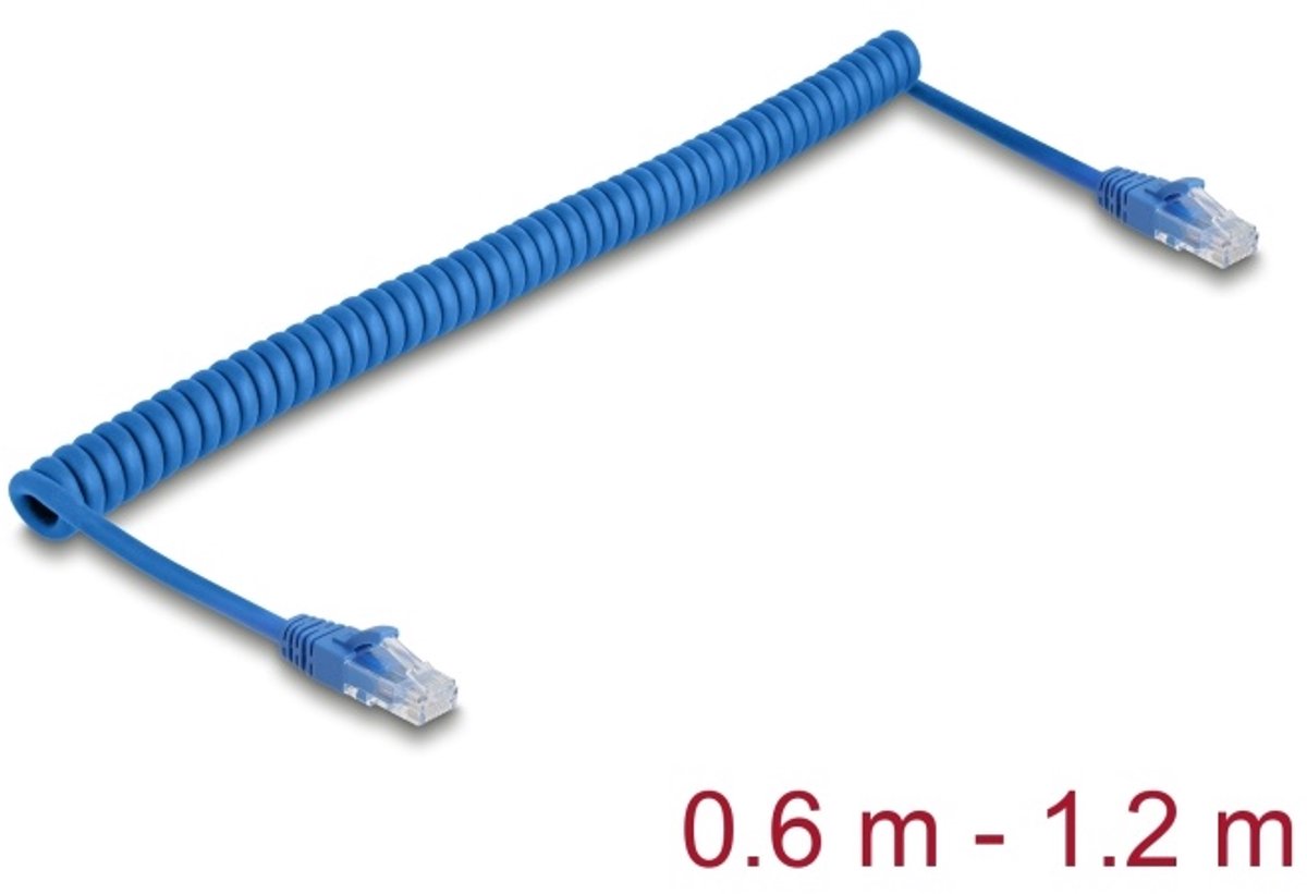 Delock RJ45 Coiled Cable plug to plug Cat.6 UTP 0.6 m to 1.2 m blue