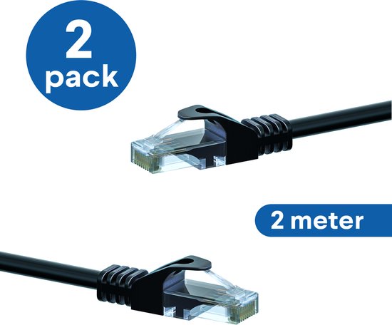 Câbles de raccordement noirs CAT6 UTP, 2 mètres de long. Texte "2 pack" et "2 meter" sur l'image.