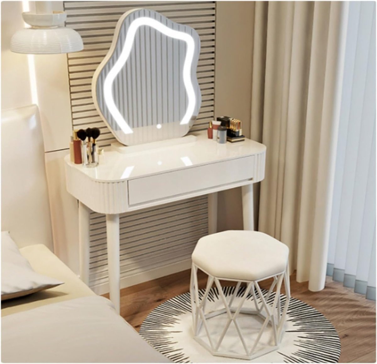 Kaptafel Met Spiegel - Make-up Tafel - Dagelijkse Make-up - Ingebouwd LED Licht - 80x40cm - Wit