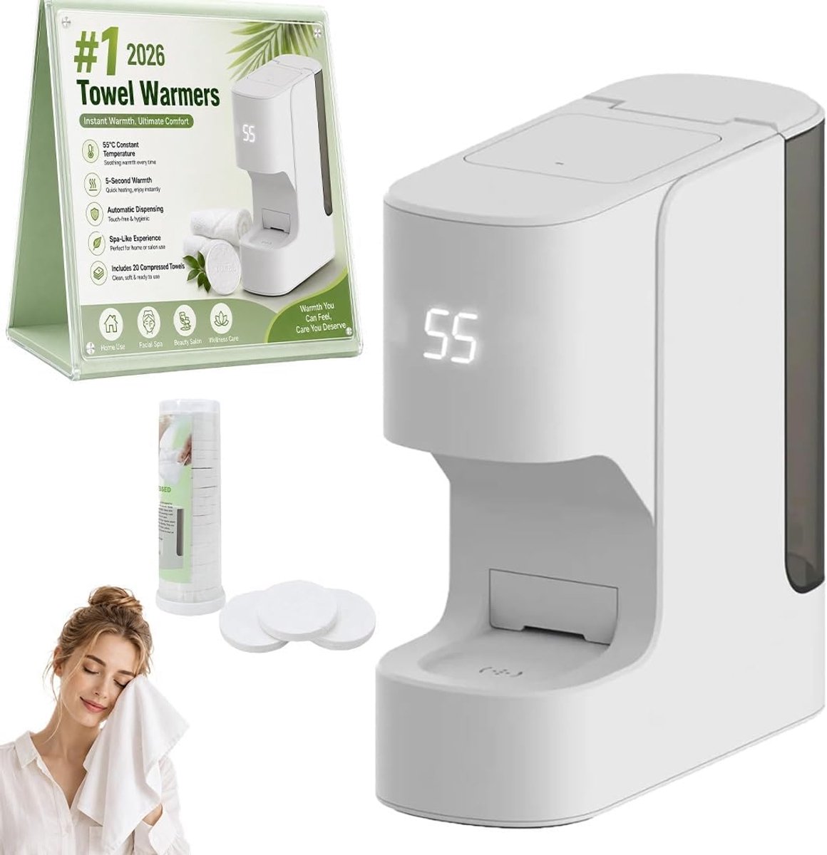 Warme Handdoek Dispenser - Gezichtsreiniger Heater - Gezichtsverzorging Thuis - Snelle Verwarming 5 Seconden - Compact Formaat - Wit