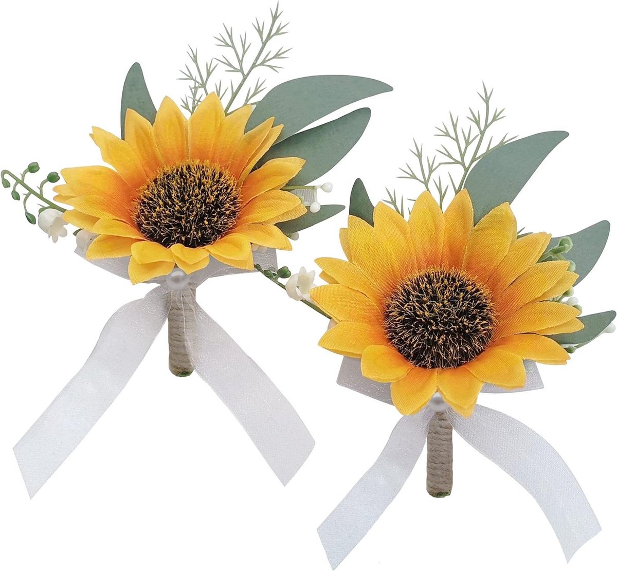 Kunst Zonnebloem Boutonniere - Bruiloft Corsage - Feestelijke Decoratie - Zijden Stof Lint - 2 stuks - Geel