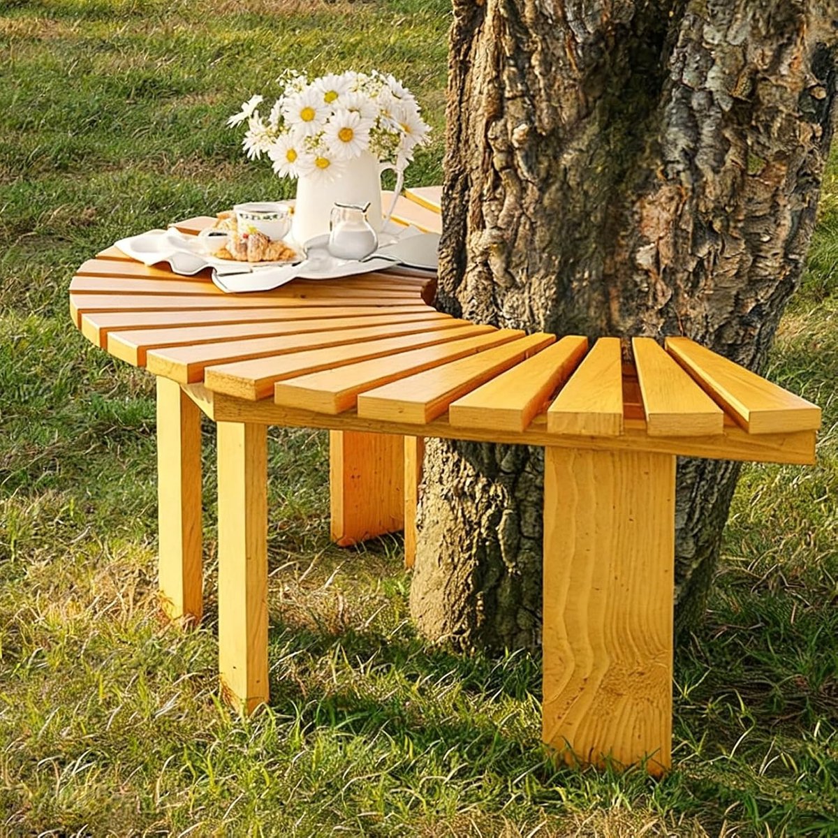 Halfronde boombank - Buitenbank om boom - Ontspannen in tuin - Massief weerbestendig hout - 125 cm breed - Houtkleur