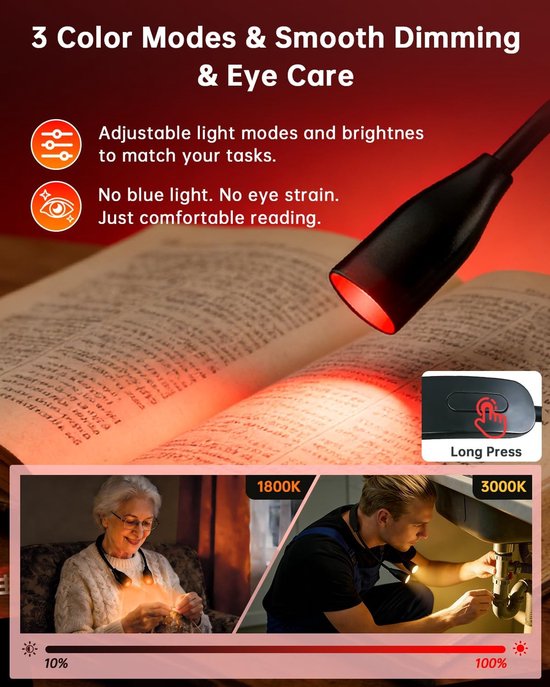 Leeslamp Klem - Boeklamp Nek - Ontspannen Lezen - Gefocust Roodlicht - 1 Watt - Zwart — afbeelding 5