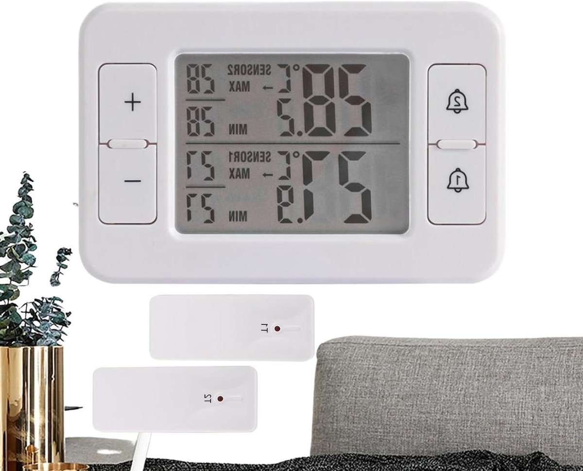 Temperatuurmeter Vriezer - Koelkast Thermometer - Temperatuur Bewaken - Dubbele Sensor - 100 meter bereik - Wit