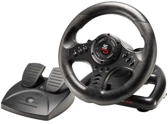 Zwart race stuurwiel met pedalen, merk SuperDrive.