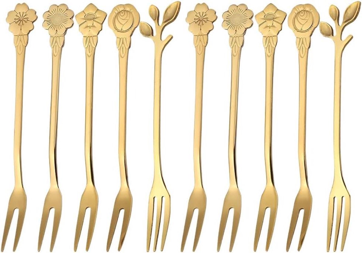 Roestvrijstalen Fruitvorkjes - Dessertvorkjes Herbruikbaar - Fruit en Snacks Prikken - Gladde Afgeronde Randen - 134 cm - Goud