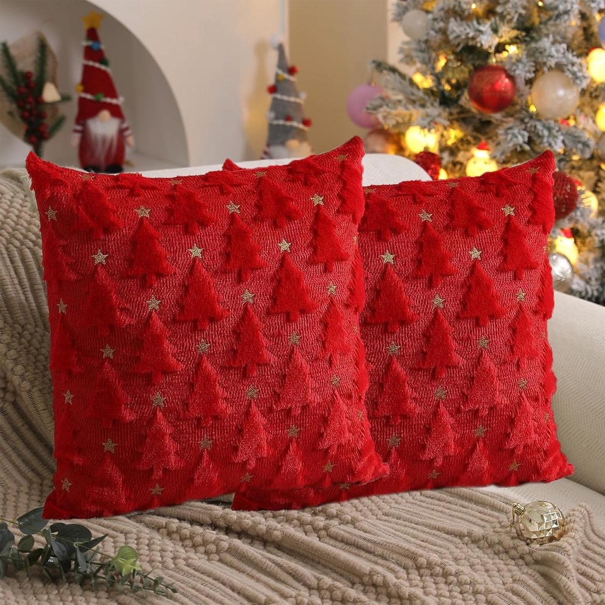 2 Stuks Kerst Kussenhoezen 45 x 45 cm, Zachte Pluche Kussens voor Sofa en Slaapkamer, Winterse Velvet Kussens
