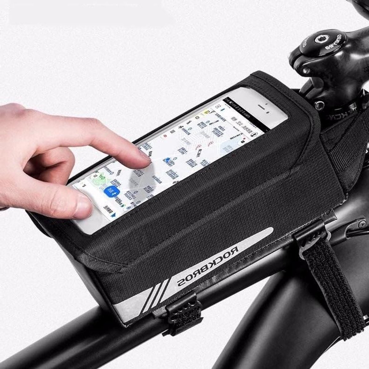 Fiets frametas - Telefoonhouder tas - Fietsen met spullen - Waterbestendig materiaal - 9.2 x 19 x 7.5 Cm - Zwart
