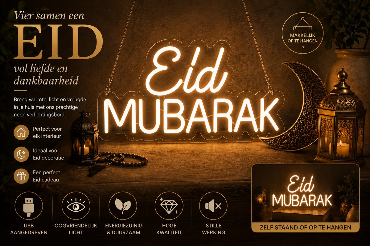 SUMOH® Eid Mubarak Neon LED Bord – 40x20 cm – Dimbaar – USB Verlichting – Acryl Wanddecoratie – Islamitische Decoratie voor Eid al-Fitr & Eid al-Adha