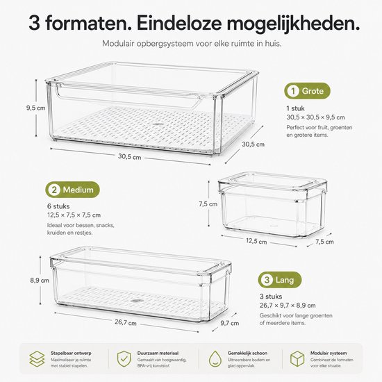 Afmetingen van de BOTC modulaire keuken organizers in drie formaten: groot, medium en lang.