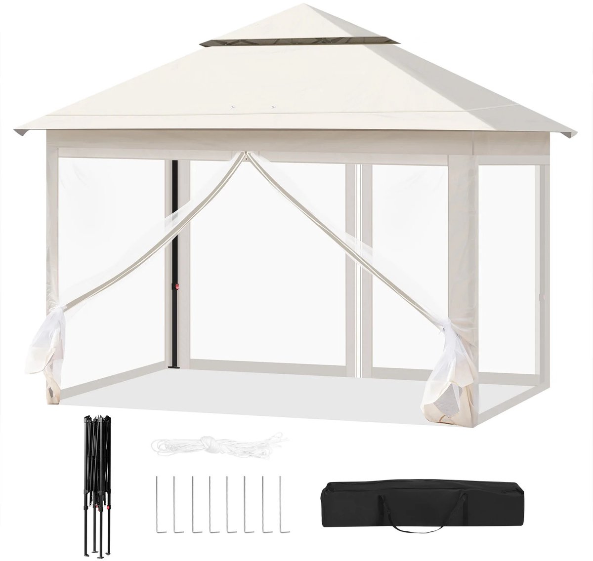 Pelor Partytent 3x3m - Opvouwbaar Tuinhuisje met Klamboe - UV Bescherming en Waterdicht - Verstelbare Hoogte - Beige Inclusief Tas