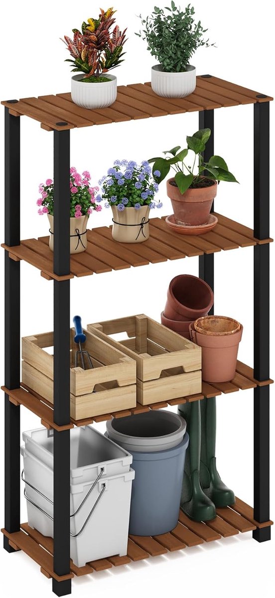Famanu – 4-laags houten plantenrek voor binnen en buiten, ideaal voor tuin of balkon, natuurlijk design