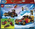 LEGO Ninjago doos met rode buggy, gouden motor en ninja's op ijs, vanaf 7 jaar.