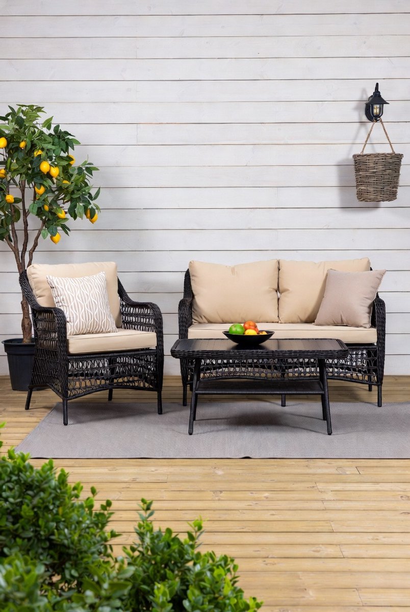 Balkon Loungeset Polyrotan – Moderne Tuinmeubelset met Kussens & Glazen Tafel – Weerbestendig Outdoor Meubilair voor Balkon, Terras & Tuin – Zwart Taupe – 2 Personen IndustroHome Luxe