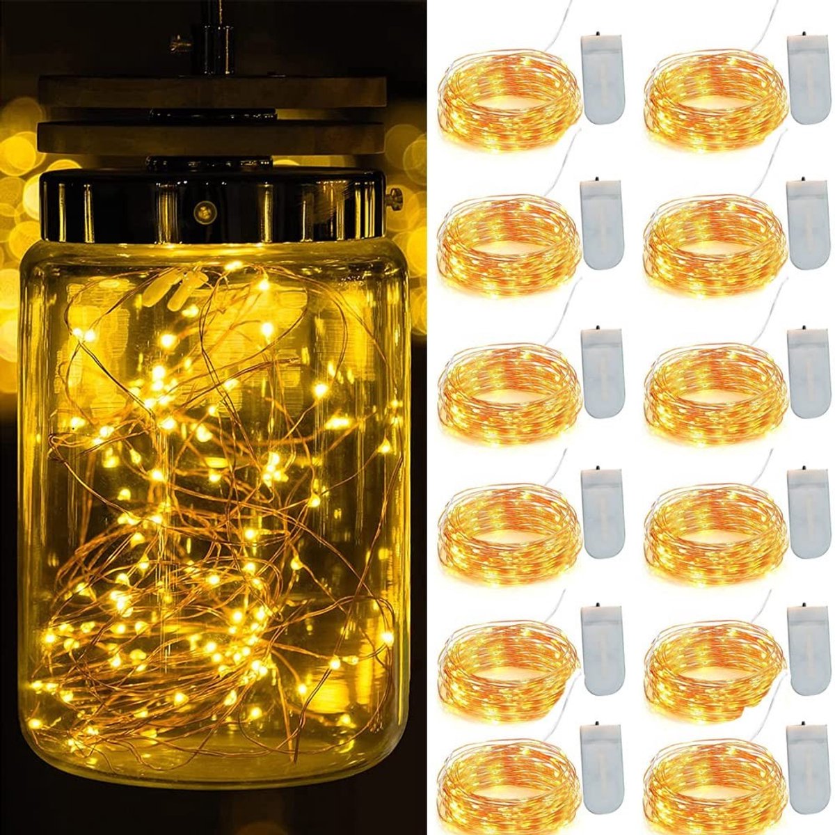 Pack van 12 LED Fairy Lights - 20 LEDs op Koperdraad, 2m Warm Wit, Waterproof voor Feestdagen en Decoratie