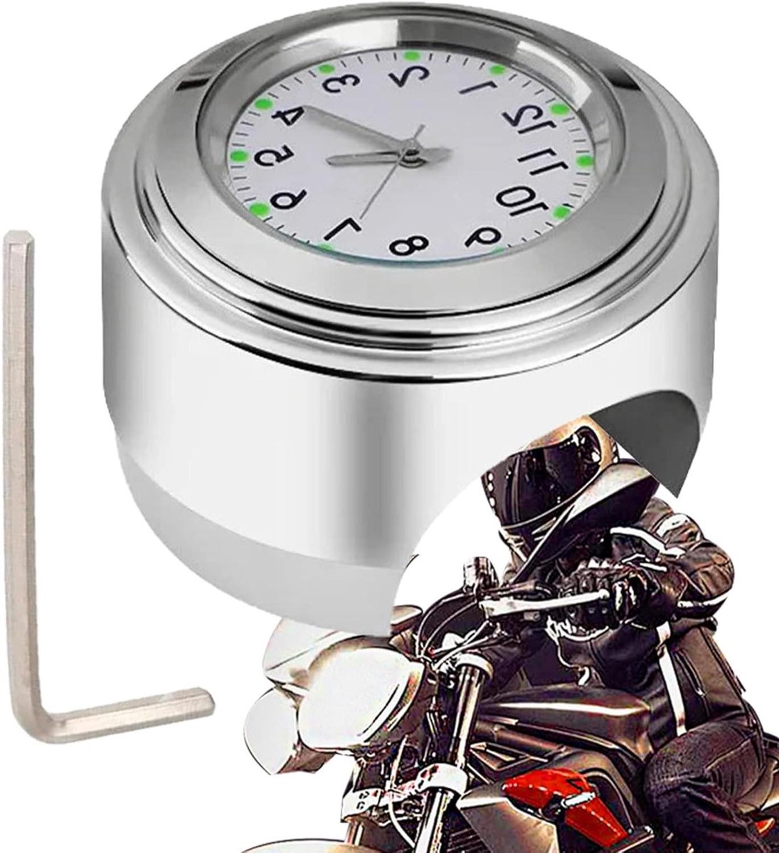 Motorfiets Stuurklok - Fietsklok Tijdklok - Tijd Aflezen - Verchroomde Basis - 22-25mm - Wit