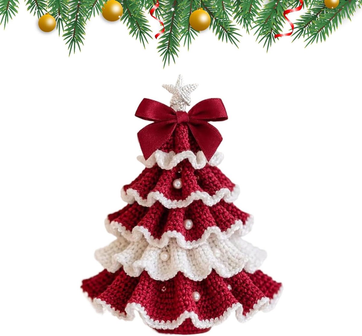 Haakpakket Kerstboom - Breipakket Handwerk - Feestdecoratie Maken - Voor Beginner - 15 cm - Rood en wit