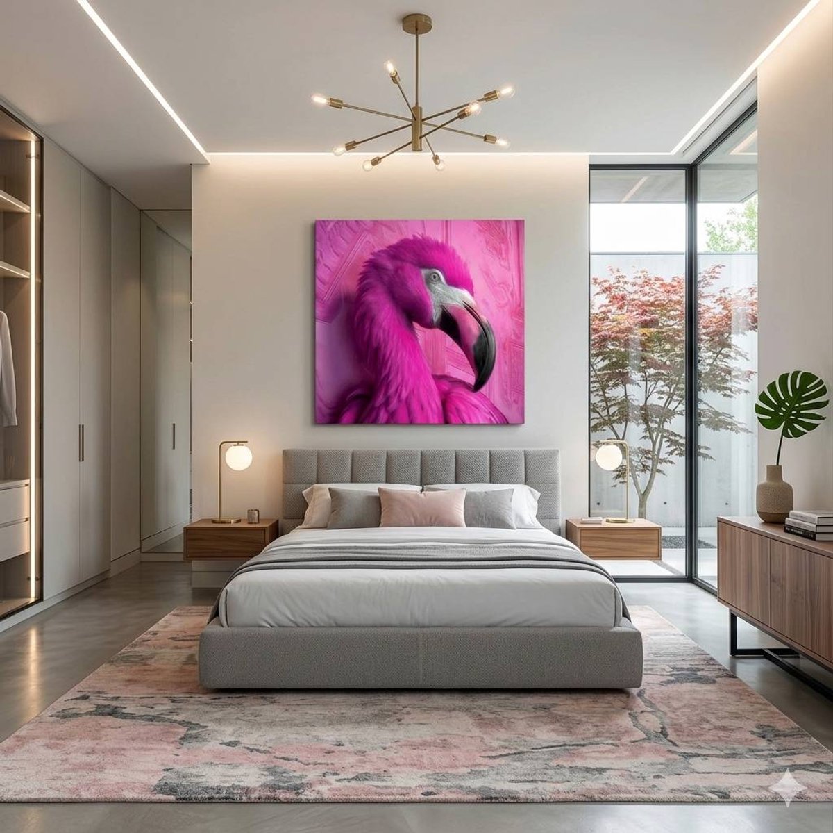 Insigne Art Glasschilderij Flamingo Portret - Moderne Wanddecoratie Roze Vogel - Luxe Wandkunst voor Woonkamer & Slaapkamer - 50x50 cm - Premium Veiligheidsglas