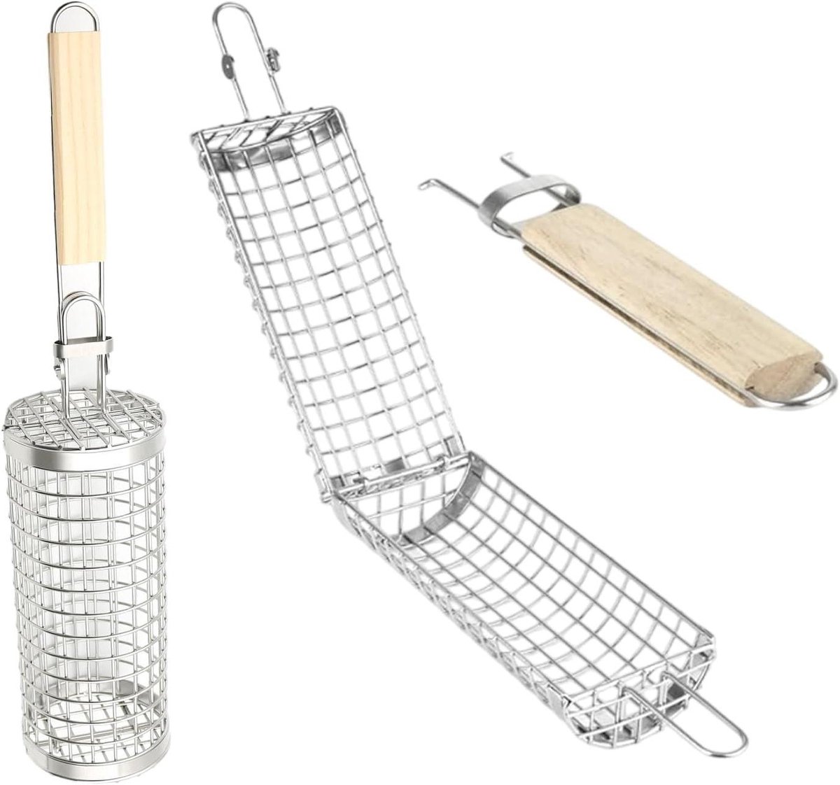 Grillmand met Wieltjes - Barbecue Groentemand - Gelijkmatig Grillen - Nestelbaar Cilinderontwerp - 2 Stuks - Zilver