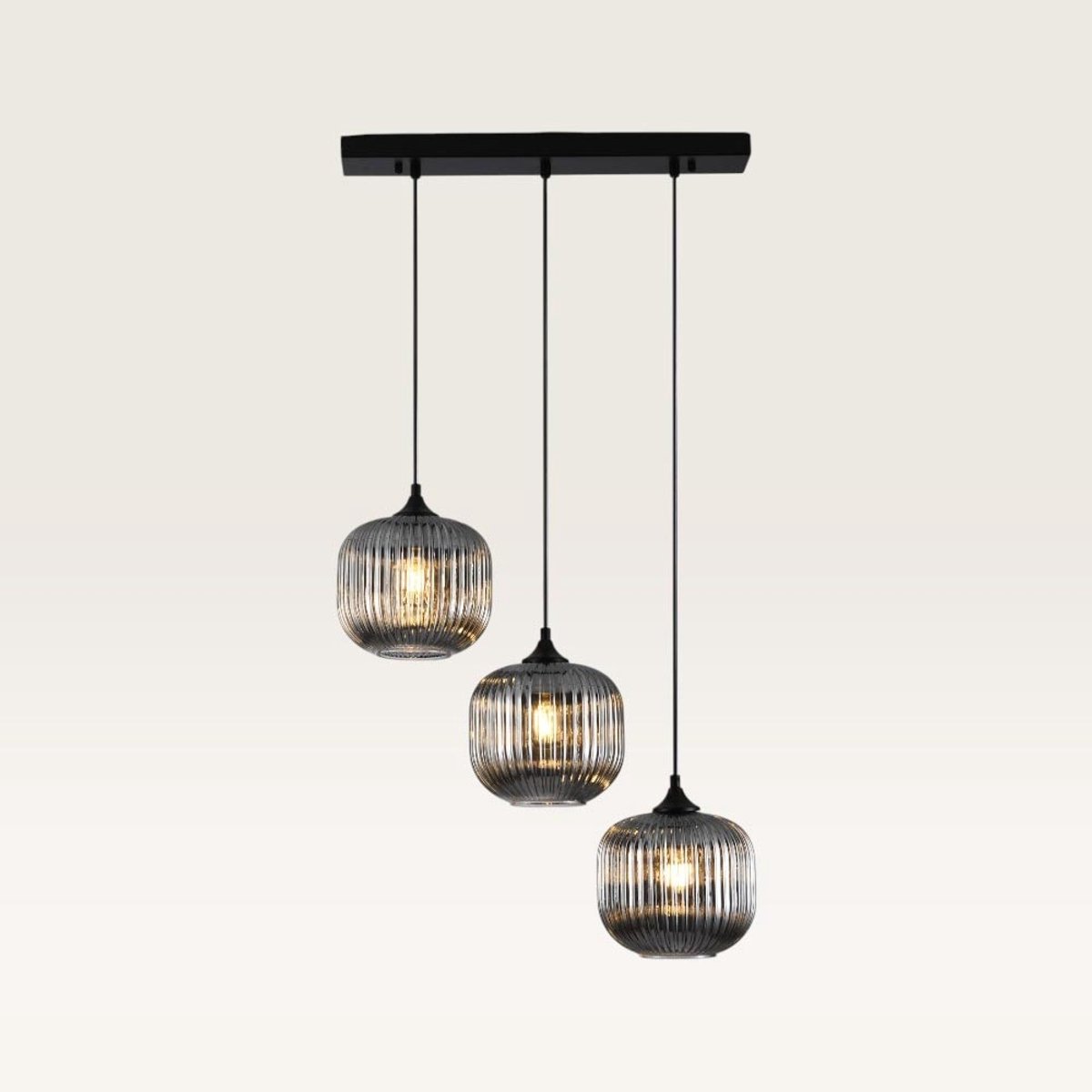 Lusenz- Hanglamp eettafel - 3 lichts Smoke glas - Geribbeld glas - Ovaal - Zwart - Hoogte verstelbaar - Voor eetkamer, slaapkamer, woonkamer, gang - Moderne hanglamp - E27 Fitting