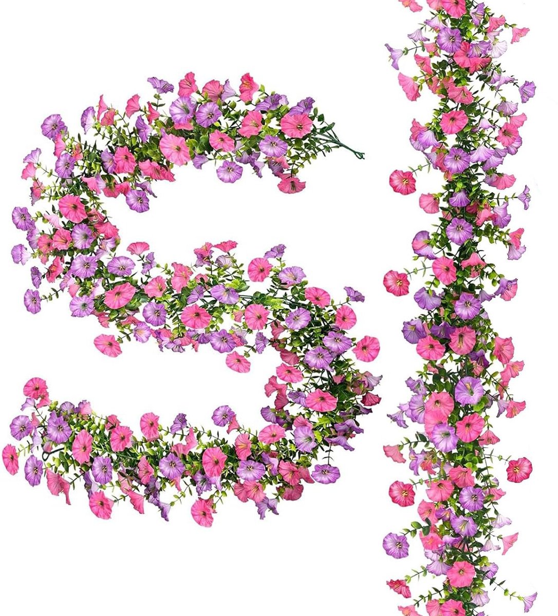 2-delige Kunsthangplant Petunia - 180cm Bloemenslinger - 116 Zijden Bloemen - UV-Bestendig & Weerbestendig - Luxe Hangende Kunstbloemen voor Balkon, Terras & Schutting - Roze & Paars