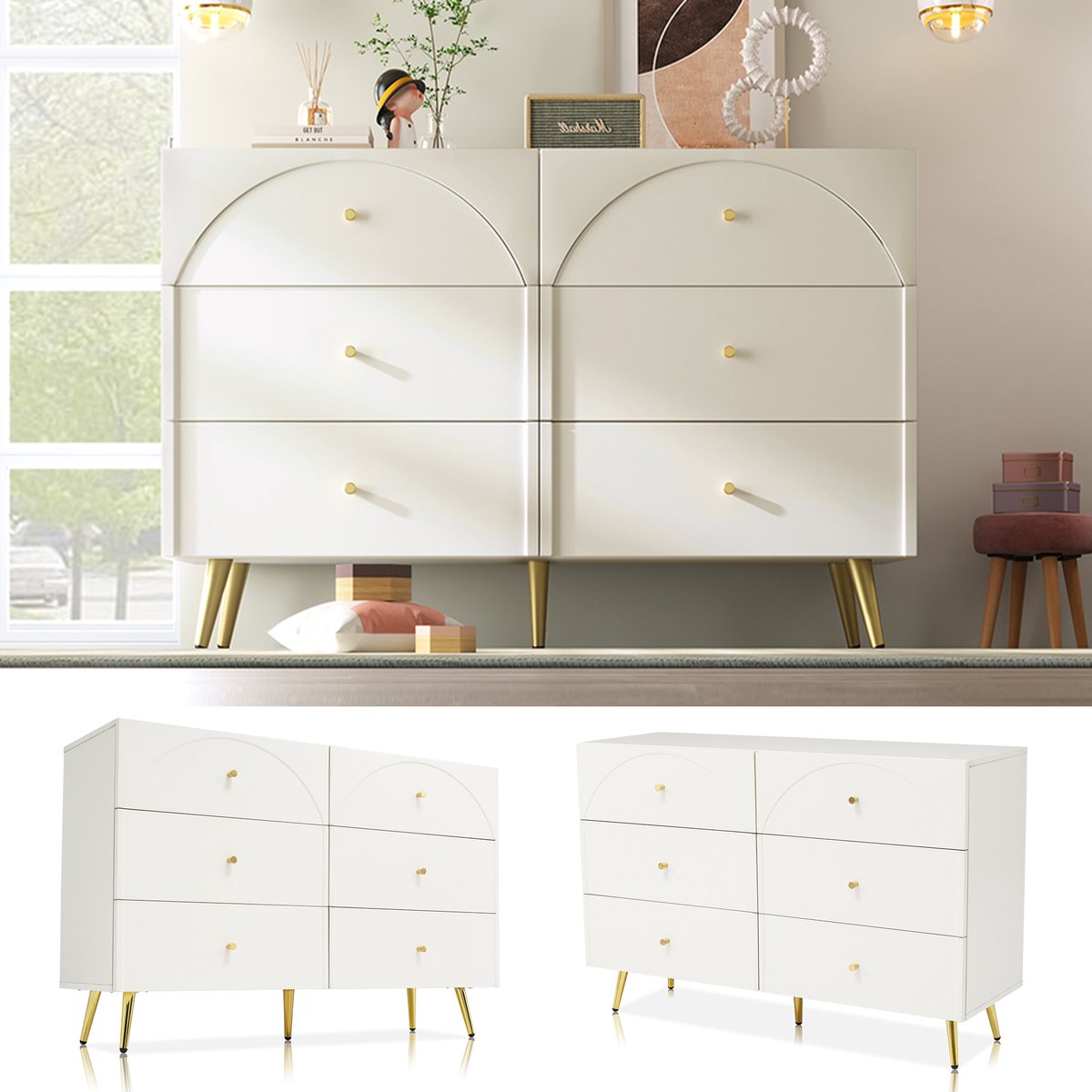 Commode met 6 lades, wit dressoir/hoge kast voor slaapkamers en alle woonruimtes, crèmewit - H85/B120/D40 cm