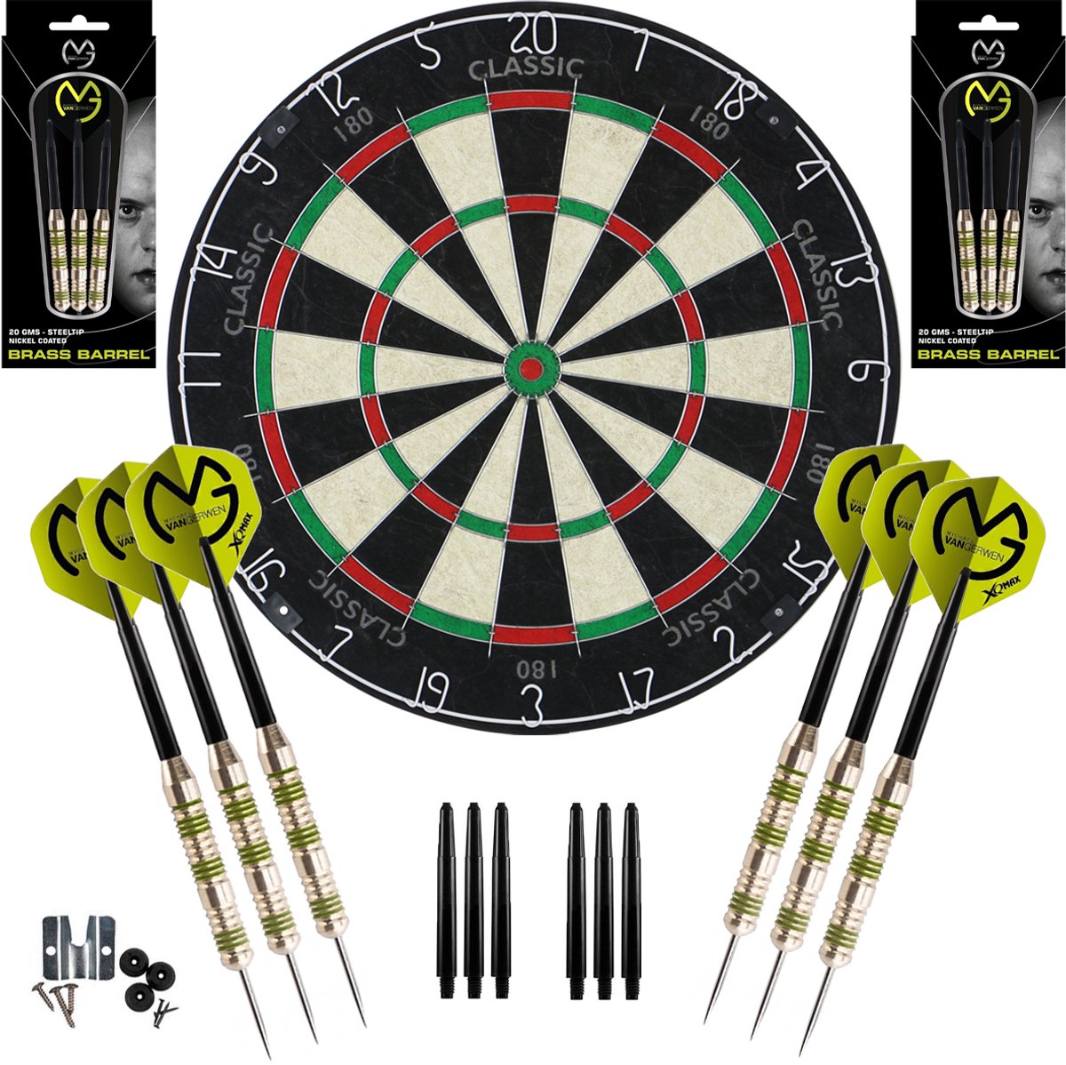 Dragon Darts Classic 180 Dartbord - met 6 Michael van Gerwen Dartpijlen en Accessoires - Green Edition - Dart Flights - Dart Shafts