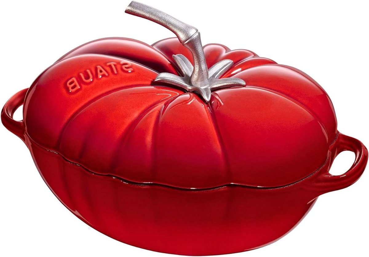Gietijzeren Braadpan - Stoofpan - Langzaam Garen - Tomaat Vorm - 2.5 Liter - Kersenrood