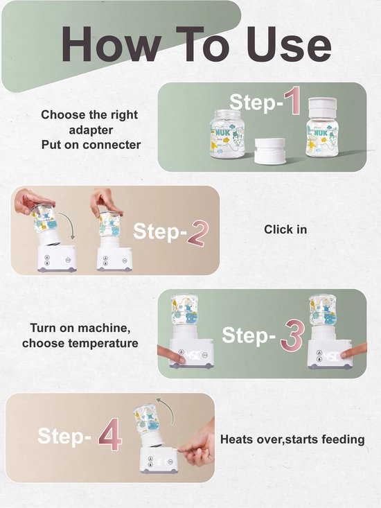 Hoe de flessenwarmer te gebruiken: adapters kiezen, fles op de houder, machine aanzetten, en heet geworden fles voeden.