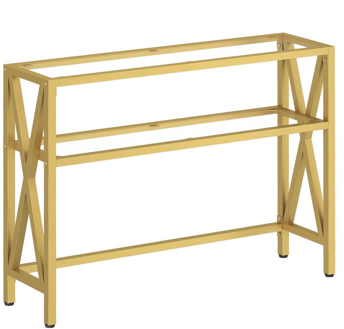 J.T.R Consoletafel-Haltafel- smalle -Entreetafel met Planken-Gehard Glas (100x 25 x 80 ) cm- Gouden Metalen Frame-Goud.