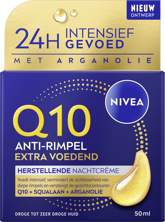 Nivea Q10 nachtcrème: 24h intensief gevoed met arganolie, anti-rimpel, extra voedend voor droge huid.