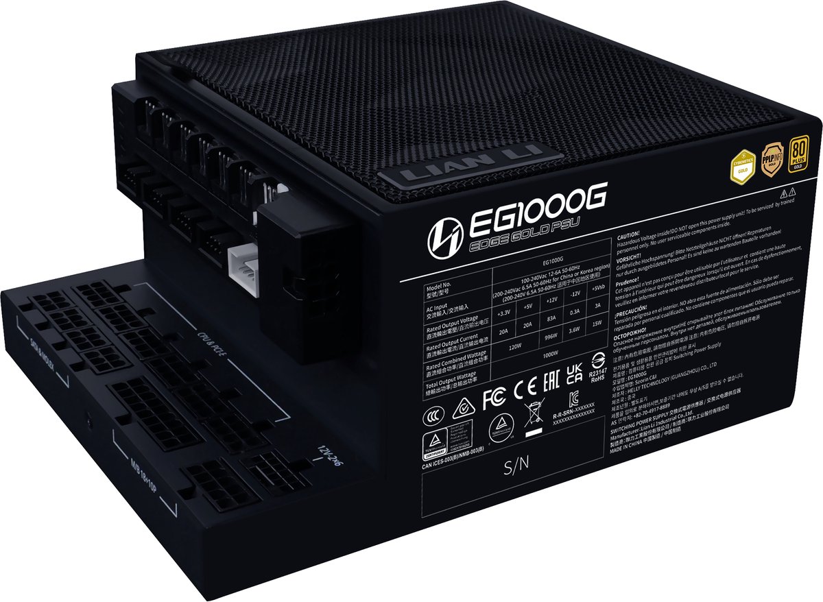 Lian Li Edge Gold 1000W + Hub - Voeding ATX12V 3.1 - 80 Plus Gold - 1000 Watt - Modulair - Actieve PFC - PCIe 5.1 - L-vormig ontwerp - zwart