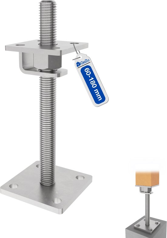 Verstelbare paalhouder met U-profiel, met schroefdraad en basisplaat. Met label '60-180 mm'.