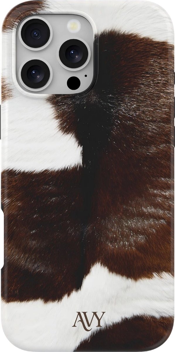 AVY Hoesje geschikt voor Apple iPhone 16 Pro Max | Rodeo Muse | Koe | Bruin & Wit | Hard Shell Back Cover | Compatibel met MagSafe & Qi2