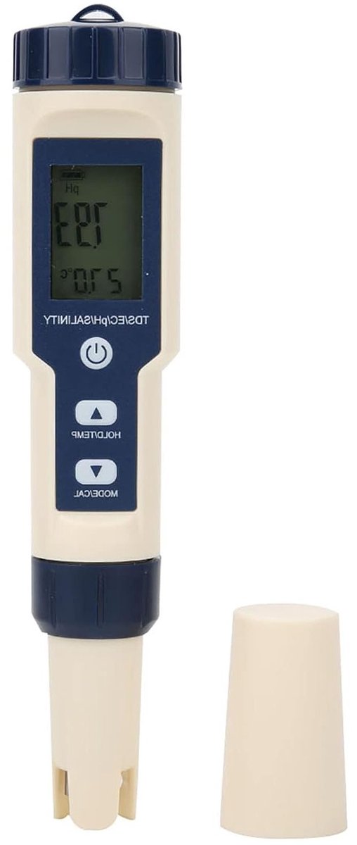 Waterkwaliteitsmeter 5-in-1 met Achtergrondverlichting - PH, TDS, EC, Zoutgehalte en Temperatuur Tester voor Aquariums en Tuinvijvers