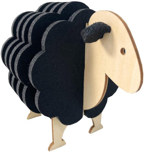 Namajunas - Sous-verres avec support - Sous-verres pour verres - Étagère de rangement en forme de mouton pour sous-verres résistants à la chaleur avec 6 sous-verres en feutre - Support en bois - Décoration de table amusante - Petit cadeau - Noir