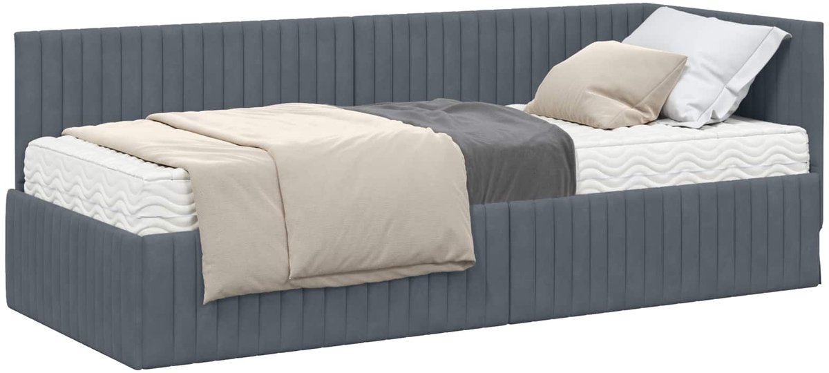 vidaXL Hoekbedframe - met - Matras - 2 - st - Donkergrijs - 80 - x - 200 - cm - Fluweel