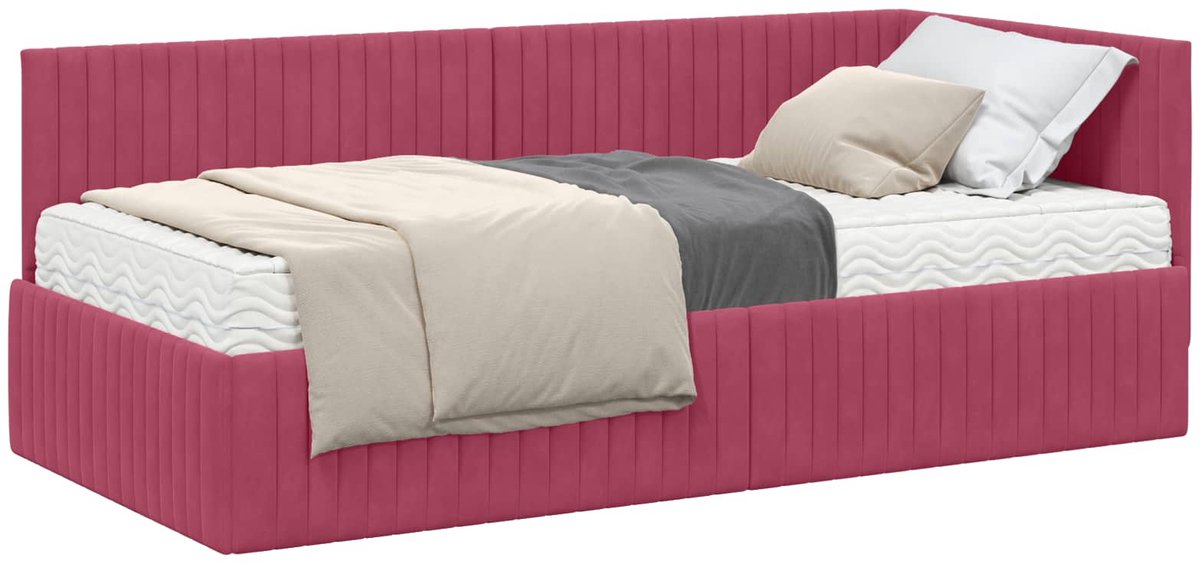vidaXL Hoekbedframe - met - Matras - 2 - st - Wijnrood - 90 - x - 190 - cm - Fluweel