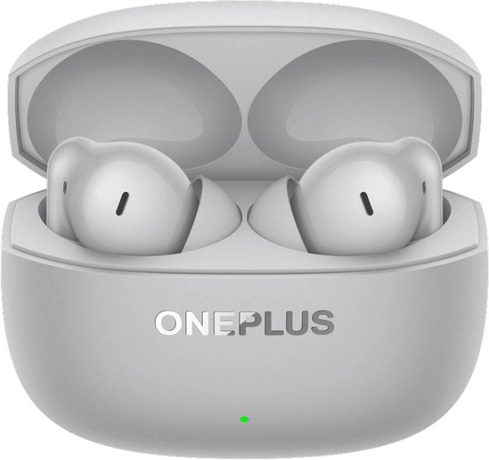 Wit OnePlus oplaaddoosje met oordopjes erin. Groen LED lampje op voorkant.