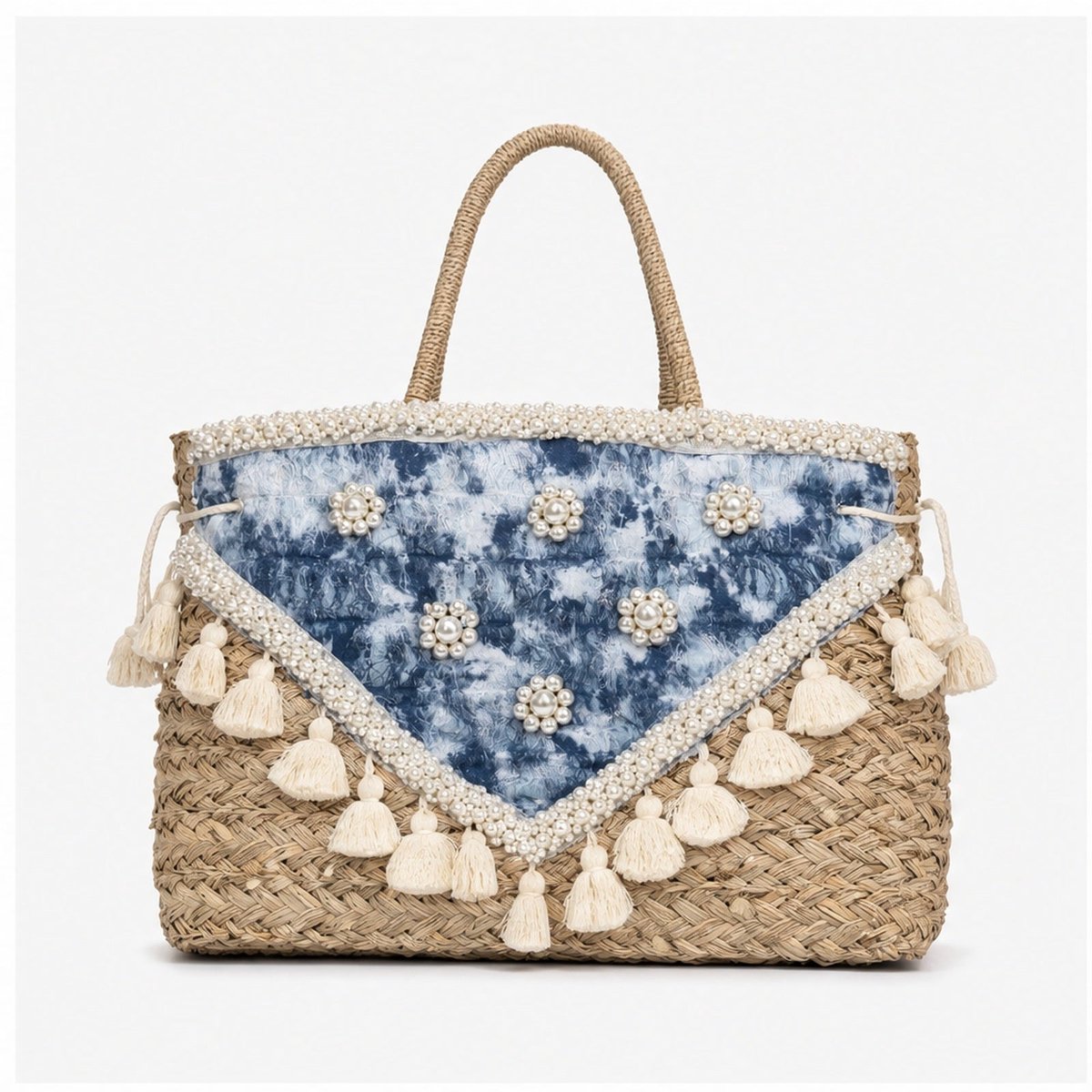 HS Grote Mand Handtas - Blauw Wit Boho Driehoekprint