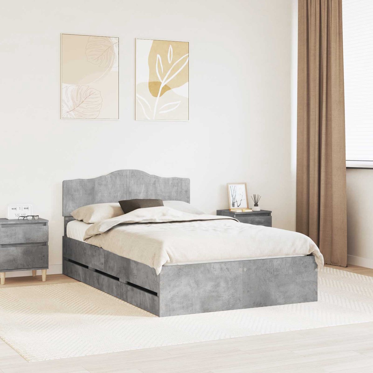 vidaXL Bedframe - met - lade - Beton - Grijs - 135 - x - 190 - cm - Ingenieurshout Beton grijs
