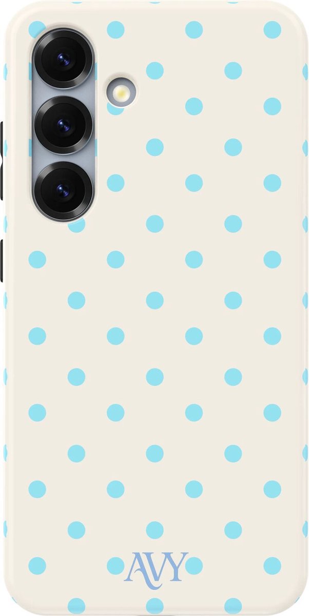 AVY Hoesje geschikt voor Samsung Galaxy S25 | Riviera Dots | Polka Dots | Beige & Blauw | Hard Shell Back Cover | Compatibel met MagSafe & Qi2