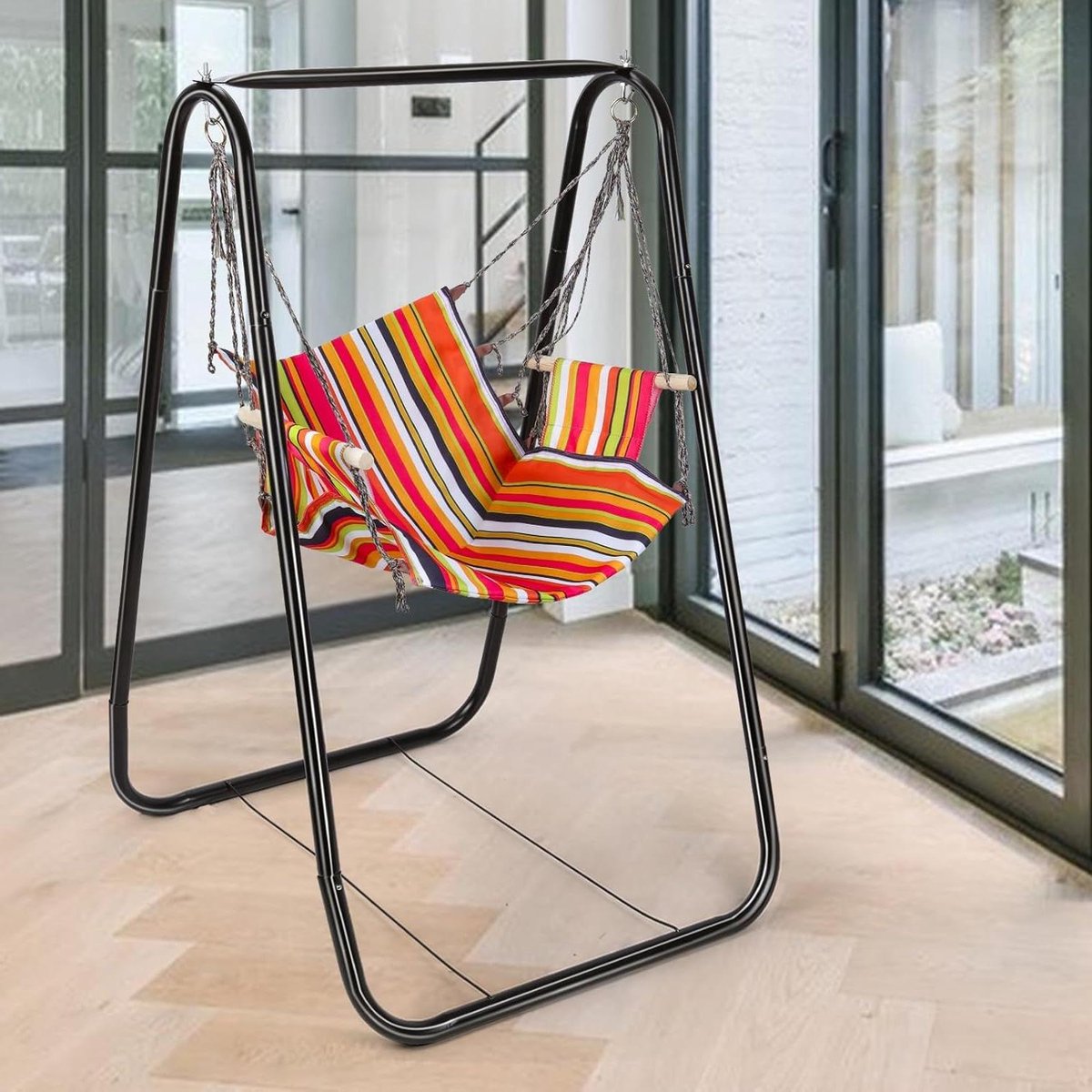 Hangmatstandaard - Hangstoel frame - Ontspannen in de tuin - A-vormige constructie - 145 cm hoog - Zwart