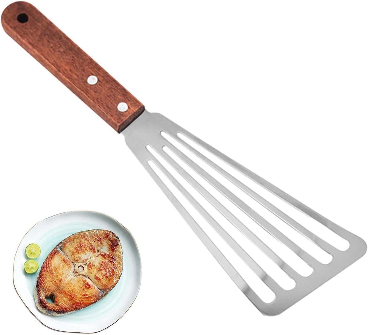RVS Spatel - Vis Flipper - Vlees Draaien - Efficiënte Afvoer - 29 cm - Hout