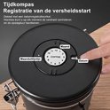 Close-up van de deksel van de zwarte RVS koffiebewaarpot met een datumregistratiecirkel, instelbaar door een vinger.