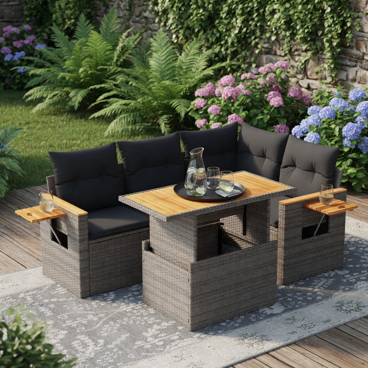 5-Delige Polyrotan Loungeset Grijs – Tuinset met Verstelbare Tafel + Bijzettafel Gasveer – Terrasset Loungebank + Kussens – Voor Tuin & Terras – IndustroHome