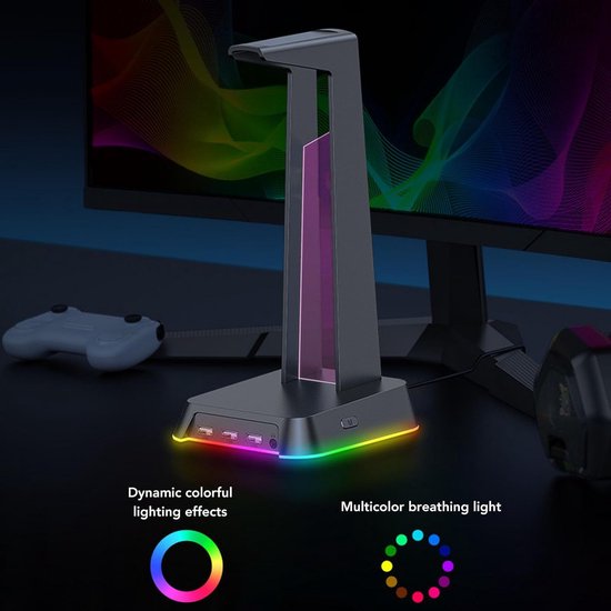 Hoofdtelefoonstandaard - Headset Houder - Gaming Setup - RGB Verlichting - 3 USB Poorten - Zwart — afbeelding 3