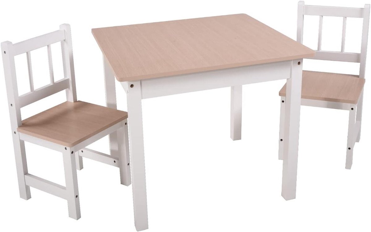 Kindertafel Set - Speeltafel Kinderzitgroep - Spelen en Leren - MDF en Grenenhout - 60x60x50.5 cm - Wit Naturel